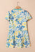 Robe bleue à manches courtes bouffantes et à rayures florales