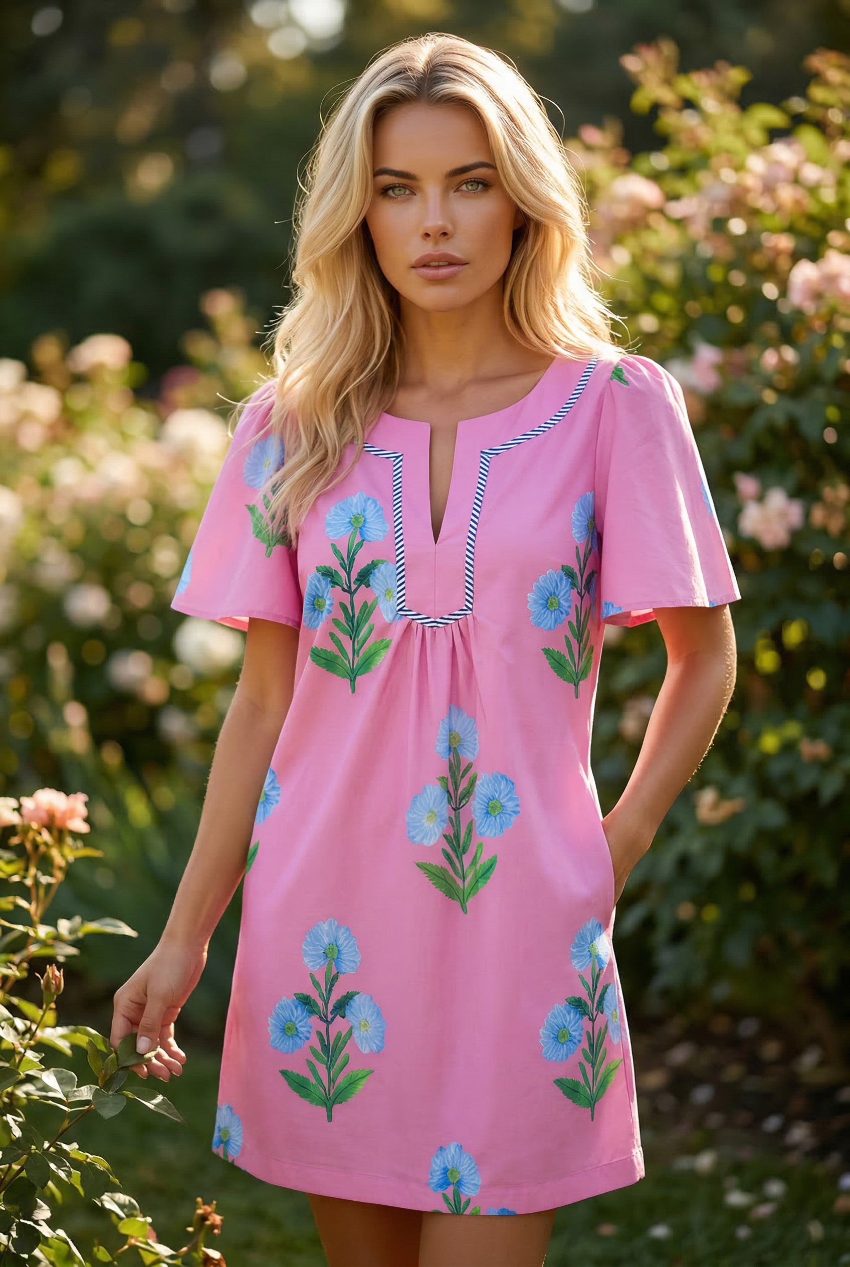 Apricot Floral Short Sleeve Split Neck Loose Mini Dress