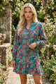 Green Floral Friled V Neck Puff Sleeve Ruffled Shirt Dress