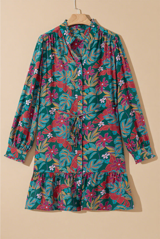 Green Floral Friled V Neck Puff Sleeve Ruffled Shirt Dress