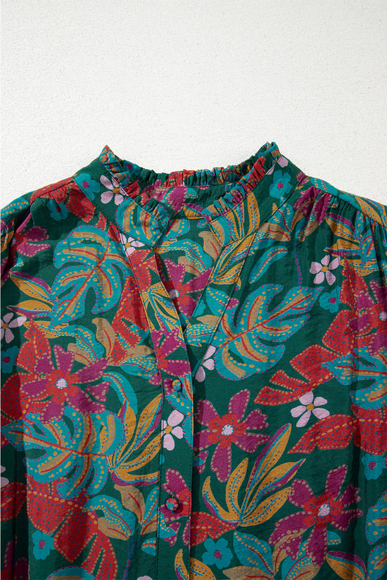 Green Floral Friled V Neck Puff Sleeve Ruffled Shirt Dress