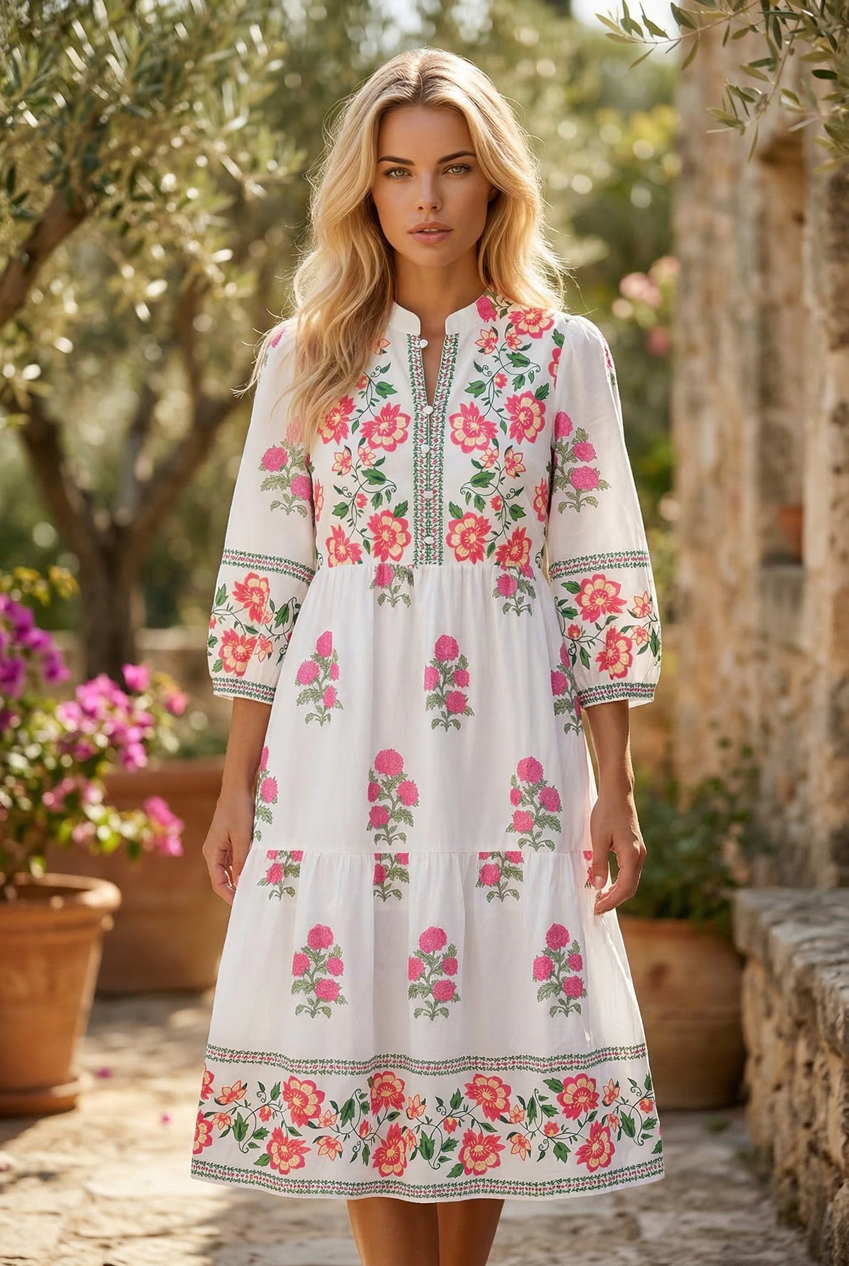 White Floral Print Half Button Mandarin Neck 3/4 Sleeve Maxi Dress