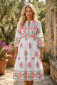 Robe longue blanche à imprimé floral et demi-bouton col mandarin manches 3/4