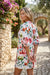 Red Floral Contrast Striped V Neck Puff Half Sleeve Shift Dress