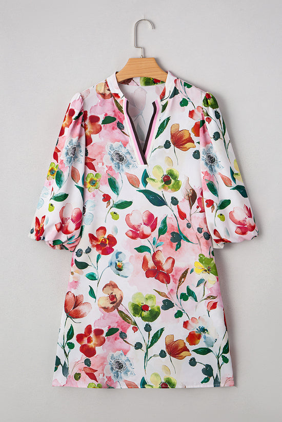 Red Floral Contrast Striped V Neck Puff Half Sleeve Shift Dress