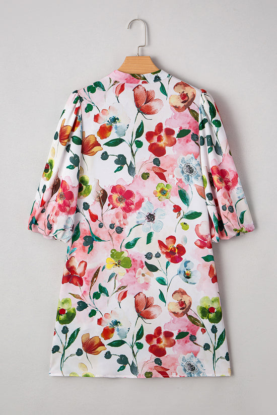 Red Floral Contrast Striped V Neck Puff Half Sleeve Shift Dress