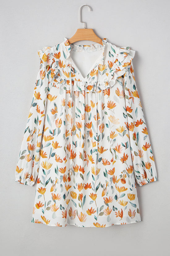 Mini-robe jaune à imprimé floral et col noué à volants et manches longues