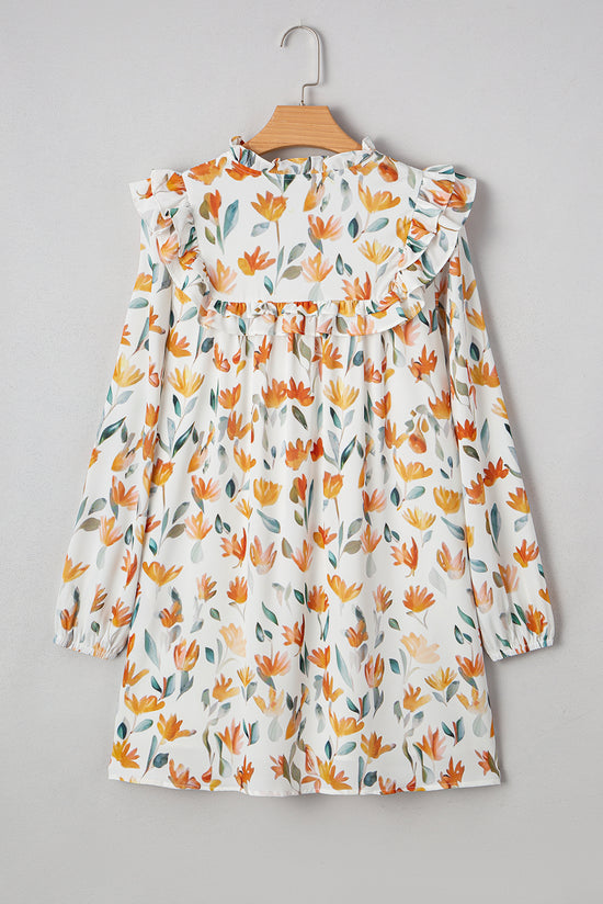 Mini-robe jaune à imprimé floral et col noué à volants et manches longues