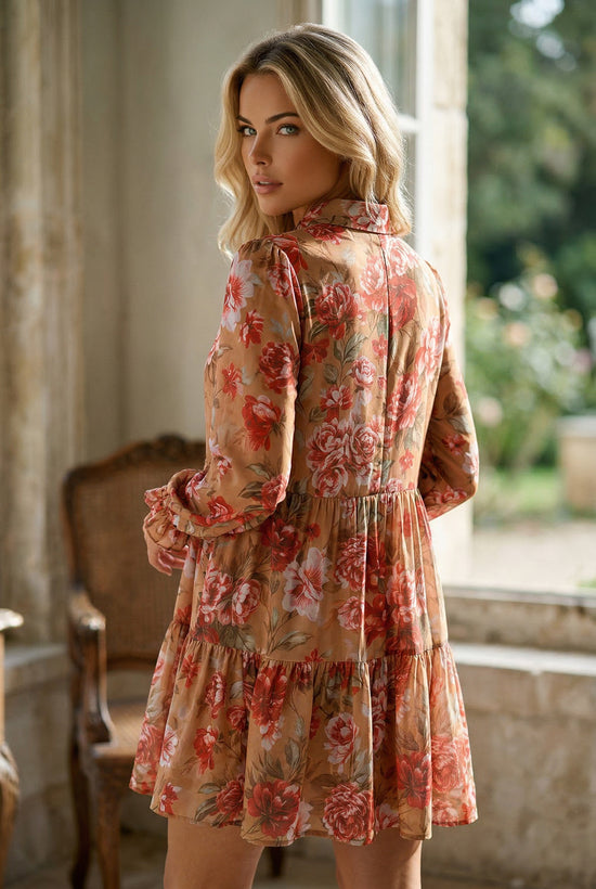 Camisa marrom vintage com estampa floral estilo meio botão manga comprida babado minivestido