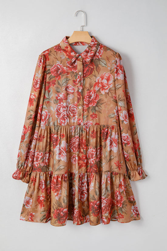 Camisa marrom vintage com estampa floral estilo meio botão manga comprida babado minivestido