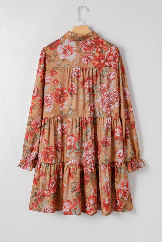 Camisa marrom vintage com estampa floral estilo meio botão manga comprida babado minivestido
