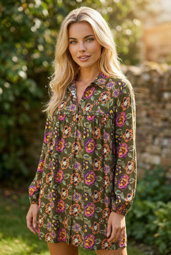 Green Floral Print Split Neck Bubble Sleeve Shift Mini Dress