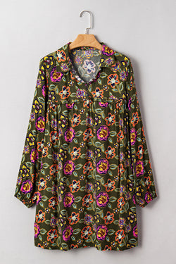 Green Floral Print Split Neck Bubble Sleeve Shift Mini Dress