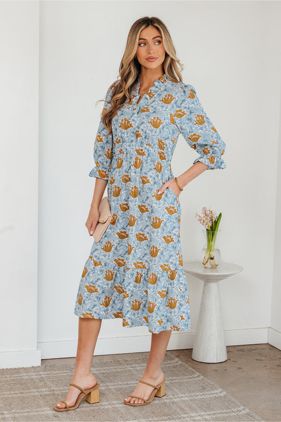 Brown Floral Printed Frilled V Neck Bracelet Sleeve Long Dress