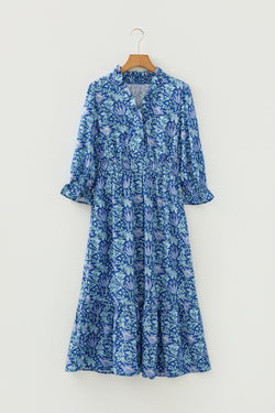 Brown Floral Printed Frilled V Neck Bracelet Sleeve Long Dress