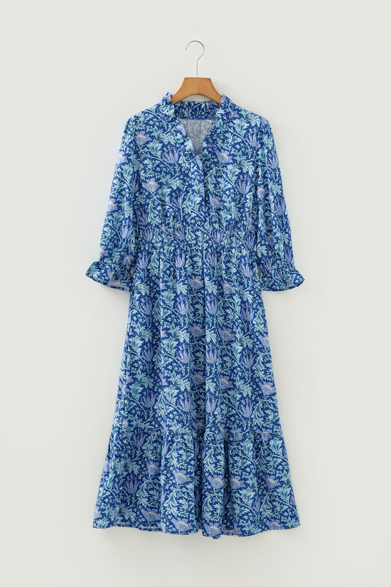 Brown Floral Printed Frilled V Neck Bracelet Sleeve Long Dress