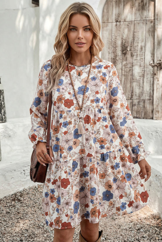 Khaki Tiered Floral Round Neck Ruffled Long Sleeve Dress