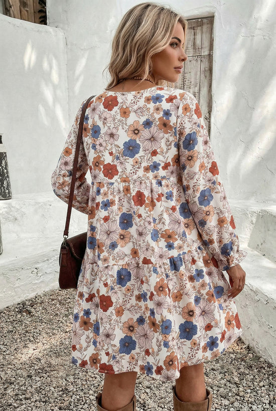 Khaki Tiered Floral Round Neck Ruffled Long Sleeve Dress