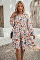 Khaki Tiered Floral Round Neck Ruffled Long Sleeve Dress