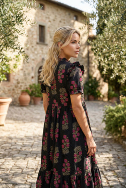 Black Floral Short Bubble Sleeve Tiered Maxi Dress
