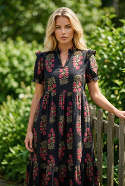 Black Floral Short Bubble Sleeve Tiered Maxi Dress