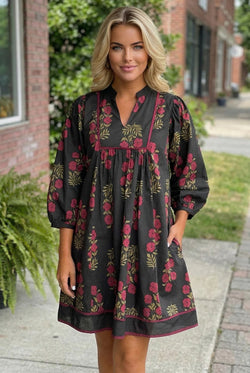 Black Floral Print Notched Neck Piping Trim Bracelet Sleeve Babydoll Dress