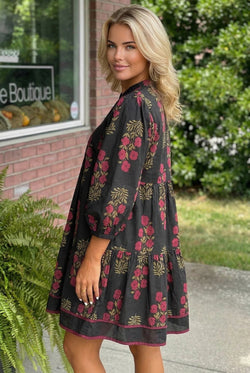 Black Floral Print Notched Neck Piping Trim Bracelet Sleeve Babydoll Dress