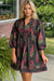 Black Floral Print Notched Neck Piping Trim Bracelet Sleeve Babydoll Dress