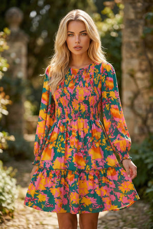 Mini abito arricciato con maniche lunghe con stampa floreale multicolore