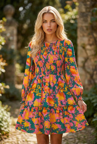 Mini abito arricciato con maniche lunghe con stampa floreale multicolore