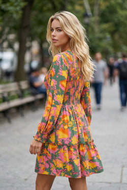 Multicolour Floral Print Long Sleeve Smocked Ruffled Mini Dress
