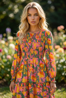 Multicolour Floral Print Long Sleeve Smocked Ruffled Mini Dress