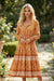 Orange Floral Print Smocked Waist Long Sleeve Boho Maxi Dress