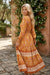 Orange Floral Print Smocked Waist Long Sleeve Boho Maxi Dress