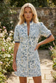 Blue Floral Print Striped Webbing Patchwork Collar Short Sleeve Mini Dress