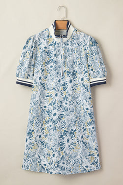 Blue Floral Print Striped Webbing Patchwork Collar Short Sleeve Mini Dress