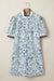 Blue Floral Print Striped Webbing Patchwork Collar Short Sleeve Mini Dress