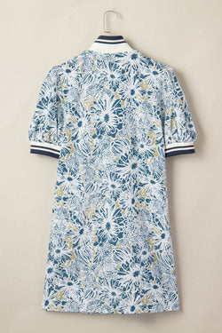 Blue Floral Print Striped Webbing Patchwork Collar Short Sleeve Mini Dress