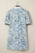 Blue Floral Print Striped Webbing Patchwork Collar Short Sleeve Mini Dress