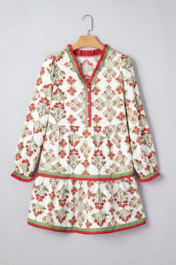 Pink Floral Print Contrast Trim Frilled Neck Long Sleeve Flared Dress