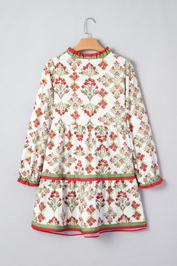 Pink Floral Print Contrast Trim Frilled Neck Long Sleeve Flared Dress