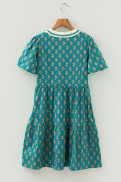 Green Contrast Trim V Neck Short Sleeve Floral Dress