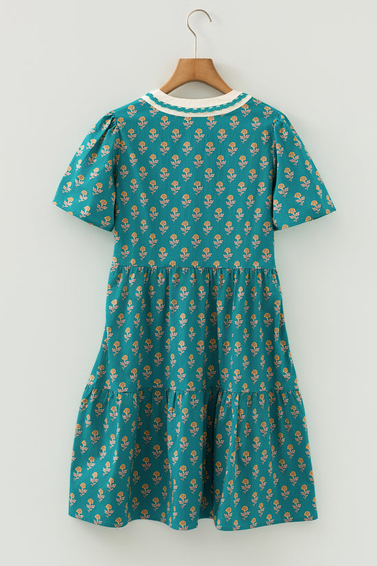 Green Contrast Trim V Neck Short Sleeve Floral Dress