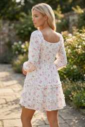 Pink Floral Print Long Sleeve Ruffle Detail Flared Mini Dress