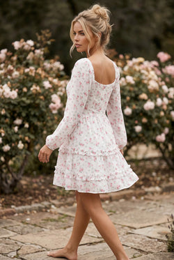 Pink Floral Print Long Sleeve Ruffle Detail Flared Mini Dress