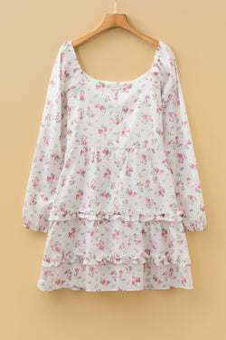 Pink Floral Print Long Sleeve Ruffle Detail Flared Mini Dress