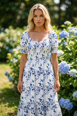 Sky Blue Smocked Bodice Short Puff Sleeve Tiered Floral Midi Dress