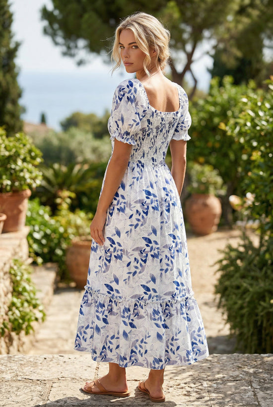 Sky Blue Smocked Bodice Short Puff Sleeve Tiered Floral Midi Dress