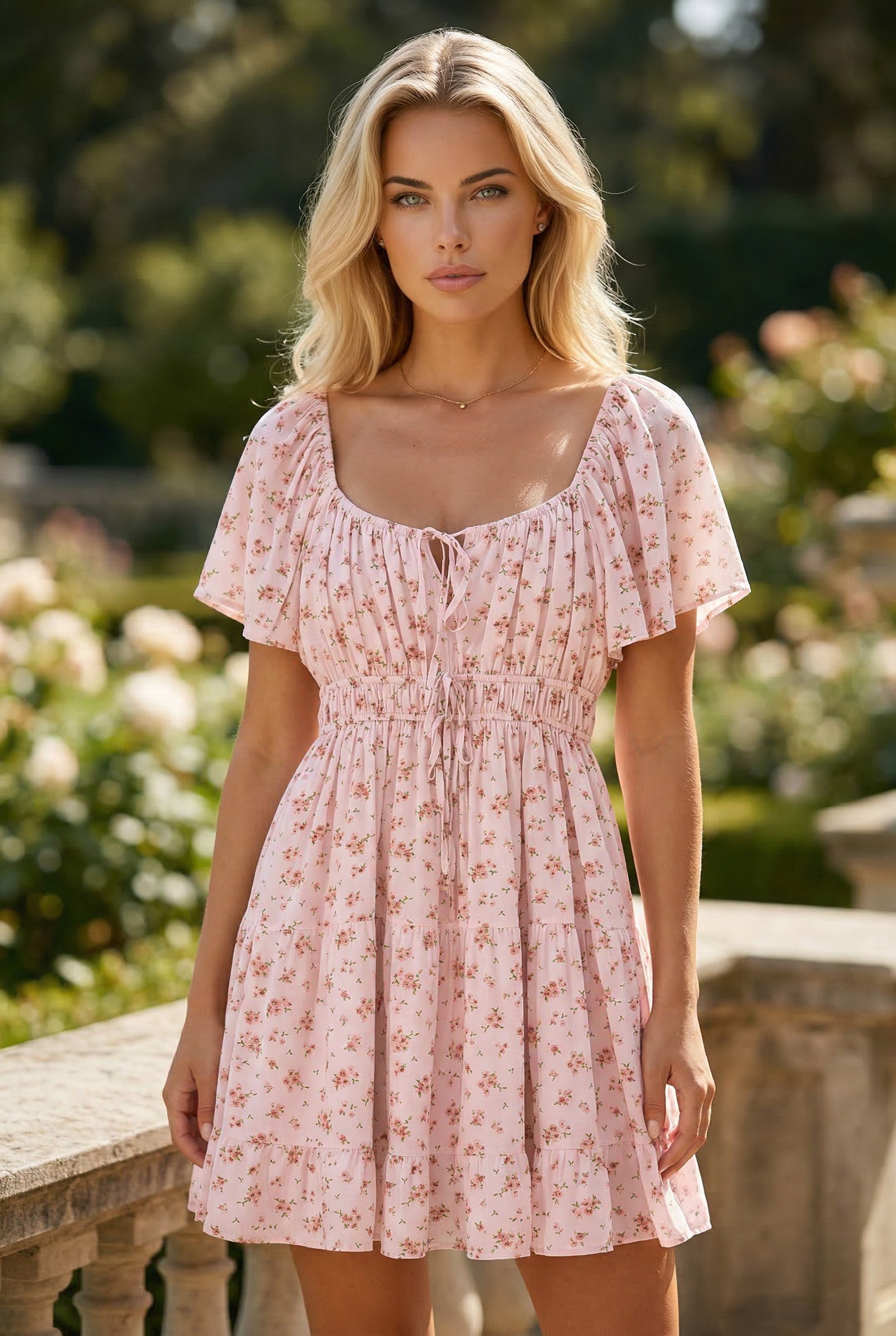 Pink Front Tie Shirred Waist Short Sleeve Ruffled Floral Mini Dress