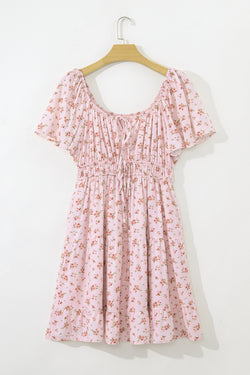 Pink Front Tie Shirred Waist Short Sleeve Ruffled Floral Mini Dress